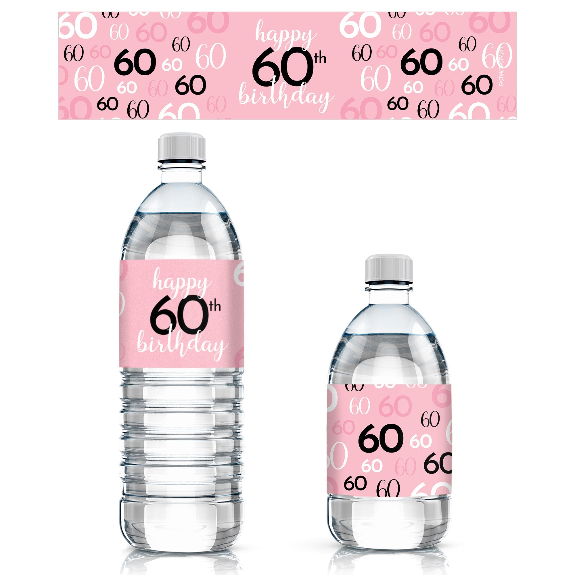 Pink and Black 60th Birthday Water Bottle Labels